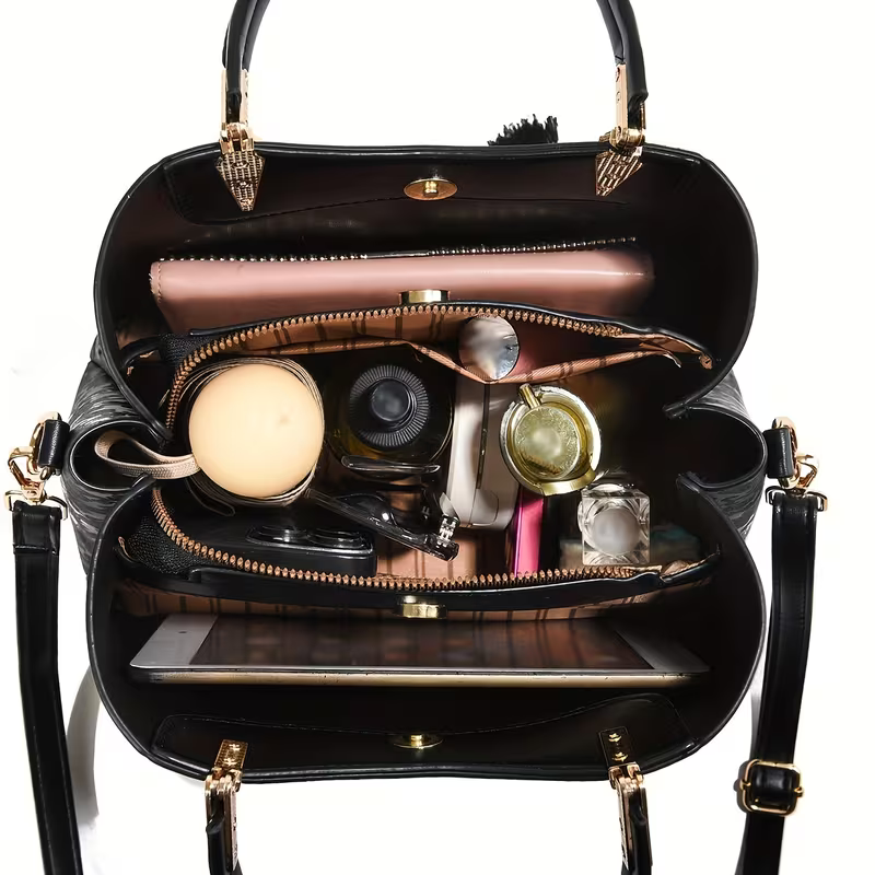 FKTSR Sac à Main Élégant à Motif Floral avec Pompon - Sac Convertible en Pochette, Fermeture Magnétique, Vert Olive//Noir - Sac en Cuir Synthétique pour le Travail, Mariage, Fête - Cadeau Idéal pour Femme, Accessoire de Mariage, Motif Matelassé, Détails Stylés, Bandoulière Détachable, Sac de Travail