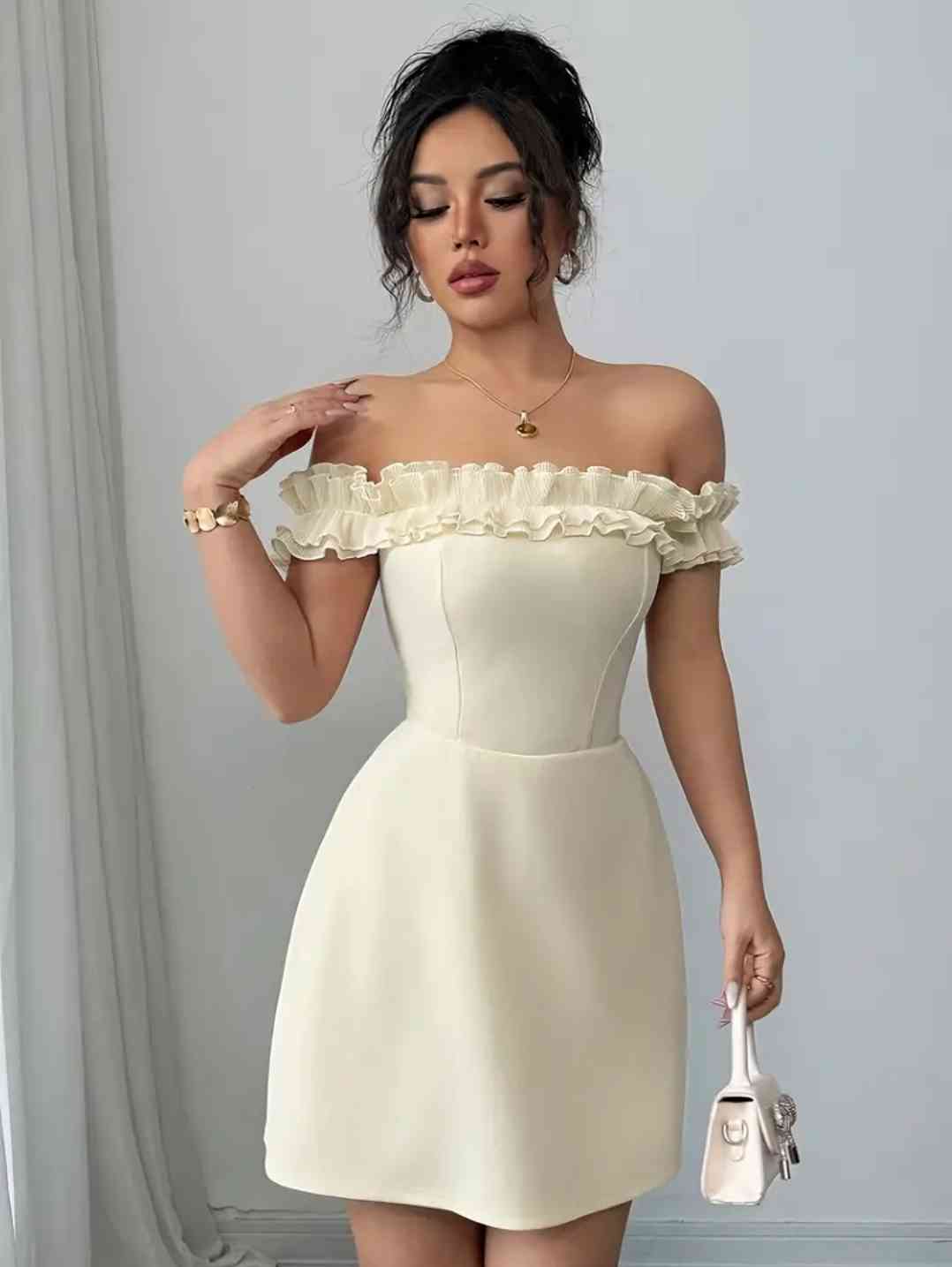 Elegant A -line dress with Ruffle trim and off-the-shoulder neckline