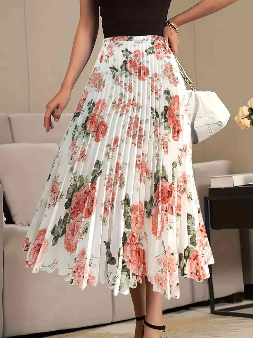 Women's fashionable suit -wide floral print pleated skirt with high waist