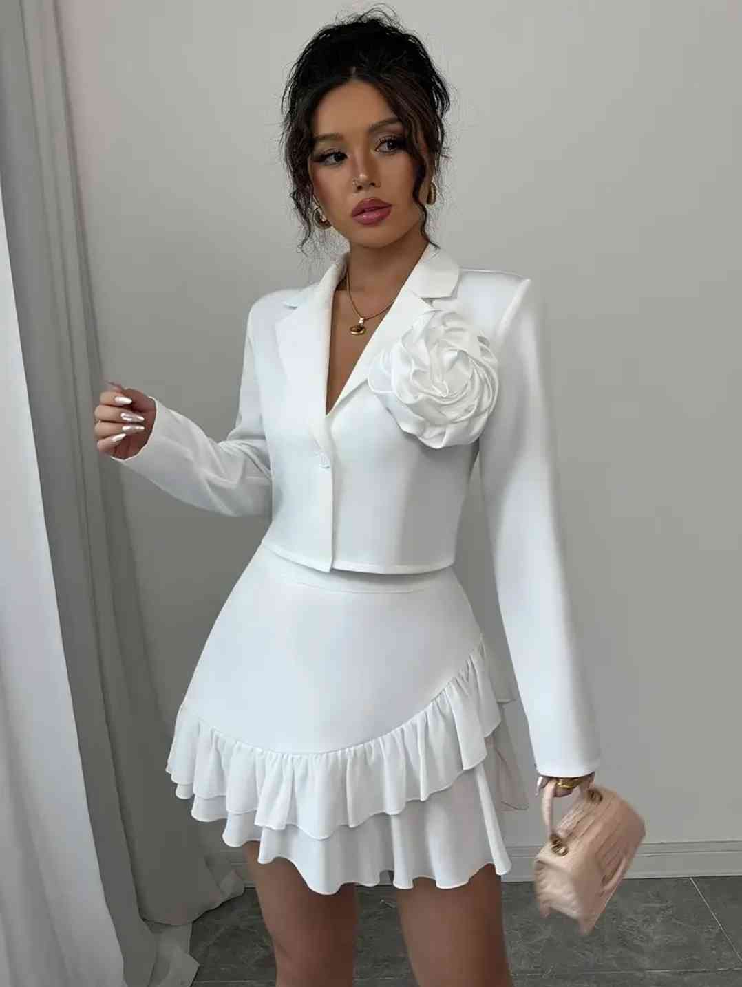 Elegant Blazer set with floral pattern and ruffled skirt for women