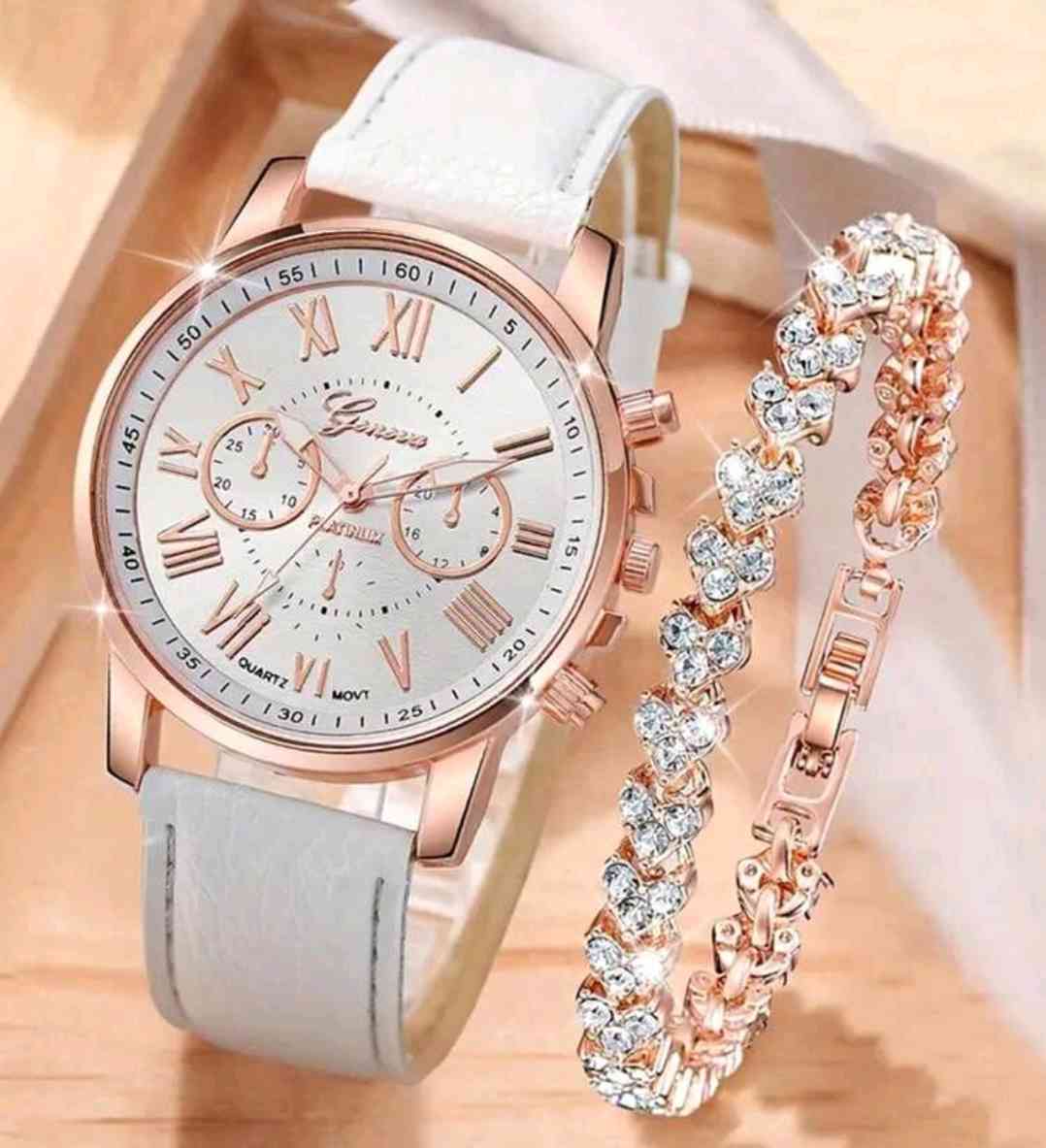 2 pieces/ set Women's Casual Round Hand Quartz Watch Simulation PU Leather Watch & Bracelet, Great Gift for Mum