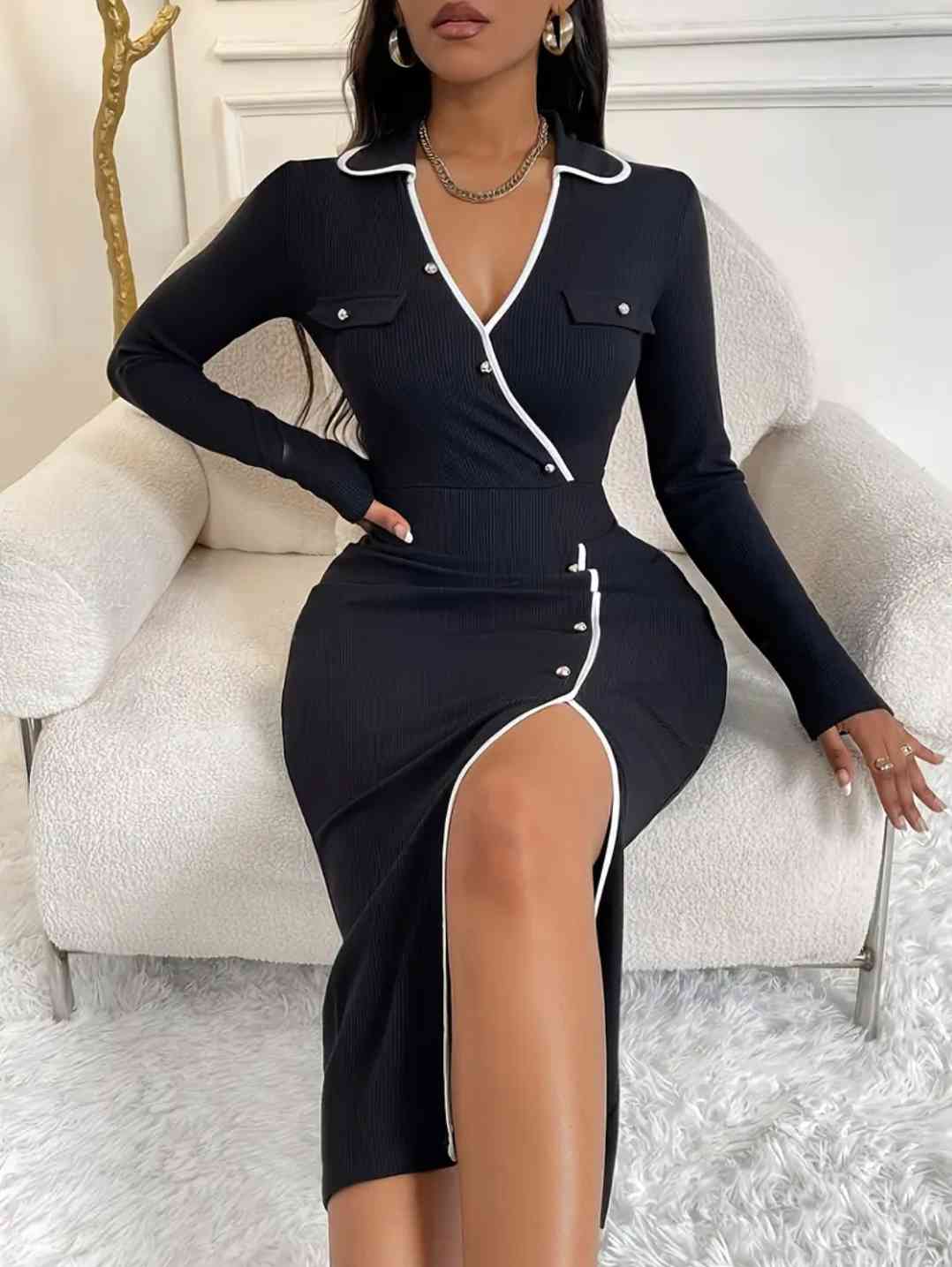 Women's Elegant V-Neck Long Sleeve Bodycon Dress