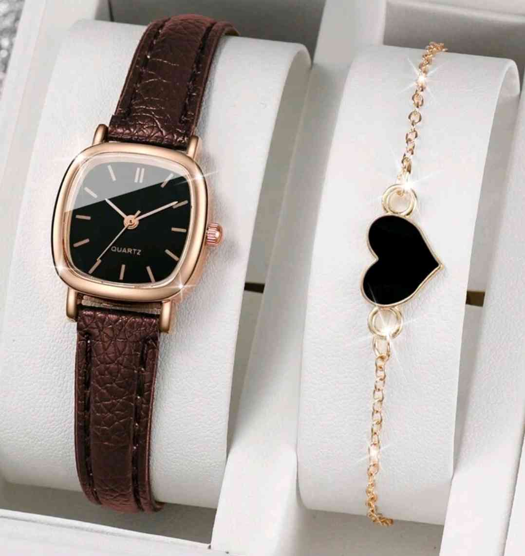 Women's wristwatch with leather strap and square dial, quartz movement, simple number design +strap (2 pieces/set)