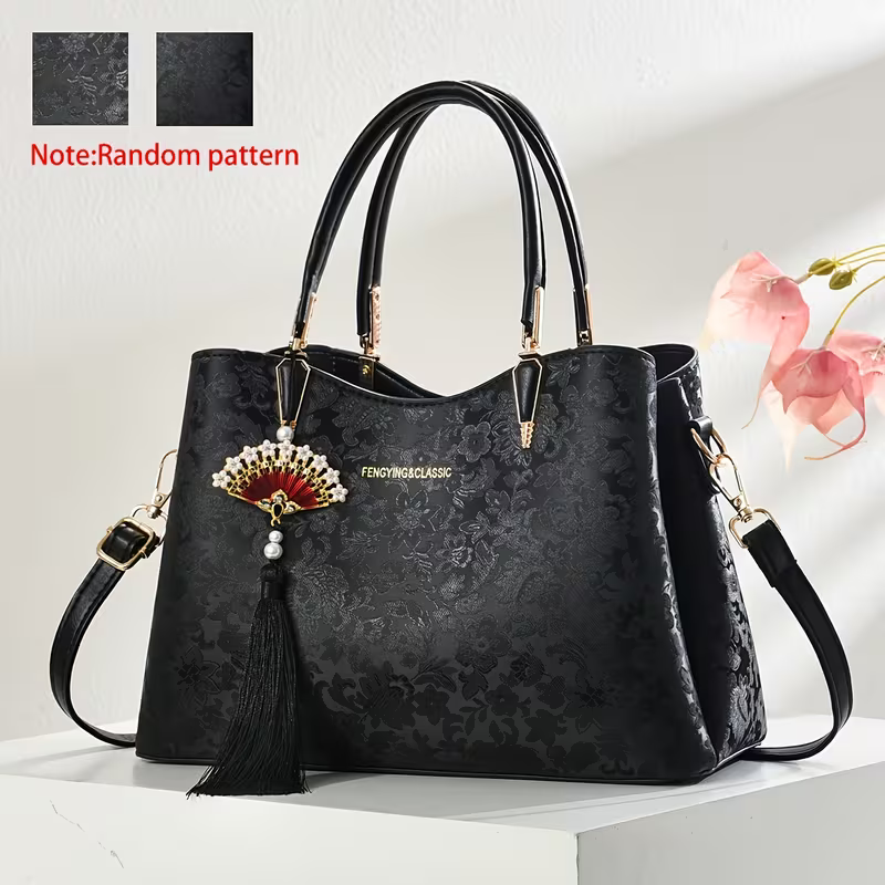 FKTSR Sac à Main Élégant à Motif Floral avec Pompon - Sac Convertible en Pochette, Fermeture Magnétique, Vert Olive//Noir - Sac en Cuir Synthétique pour le Travail, Mariage, Fête - Cadeau Idéal pour Femme, Accessoire de Mariage, Motif Matelassé, Détails Stylés, Bandoulière Détachable, Sac de Travail