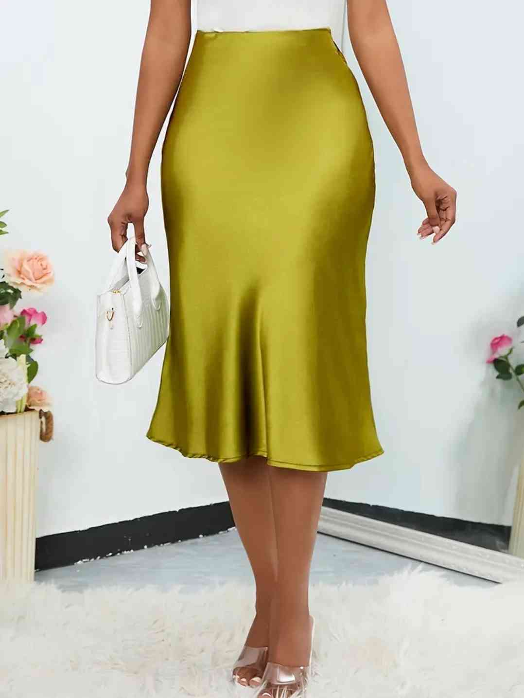 Women's High-waisted Midi Skirt in Bright Green - Satin Finish, Flowing Design