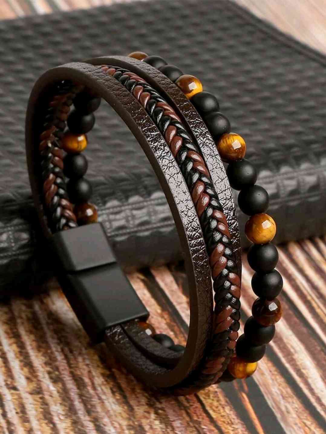 1 piece  pearl bracelet with PU Leather & for men