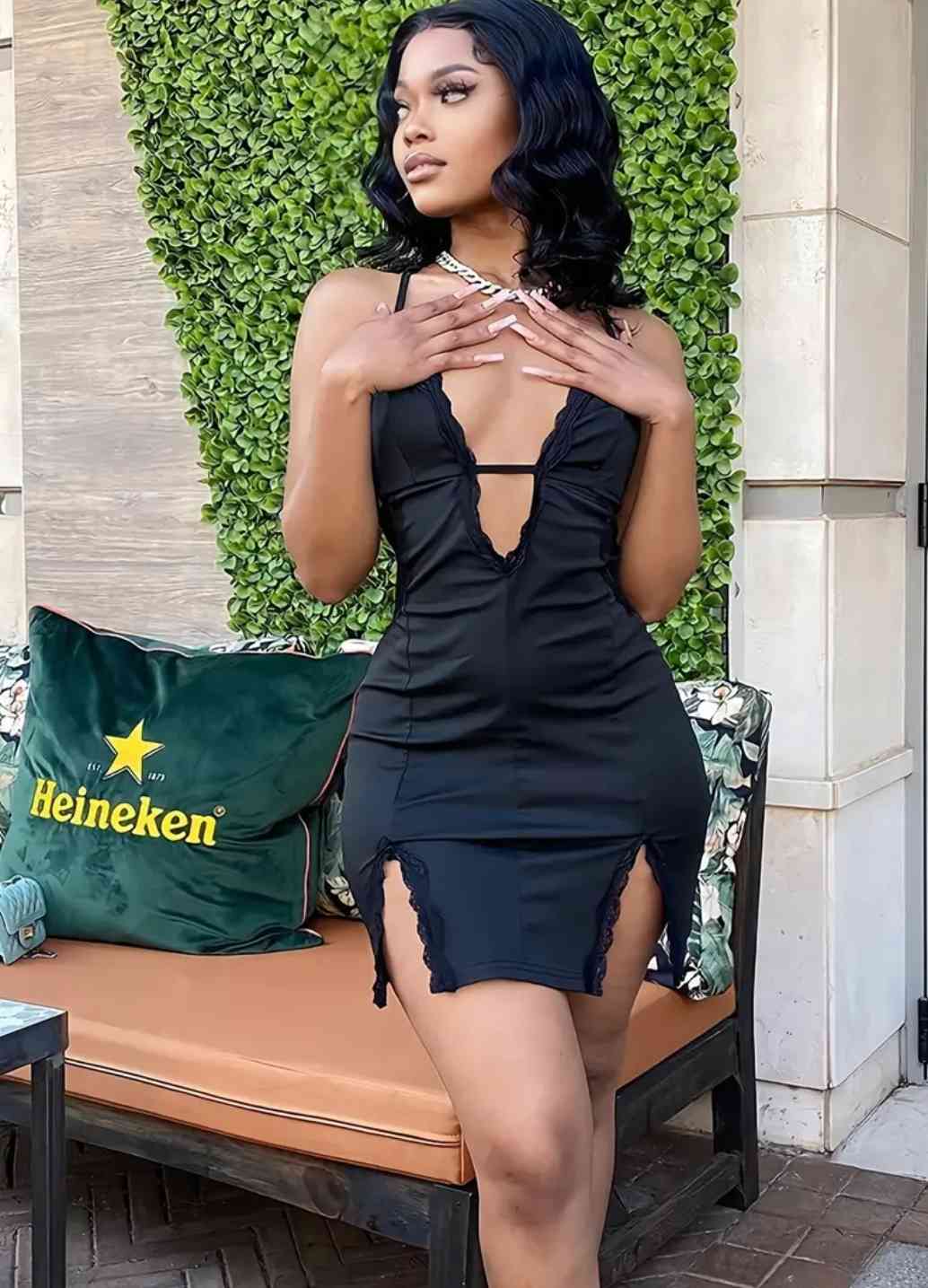High-Contrast figure hugging Cami dress, sexy blackless