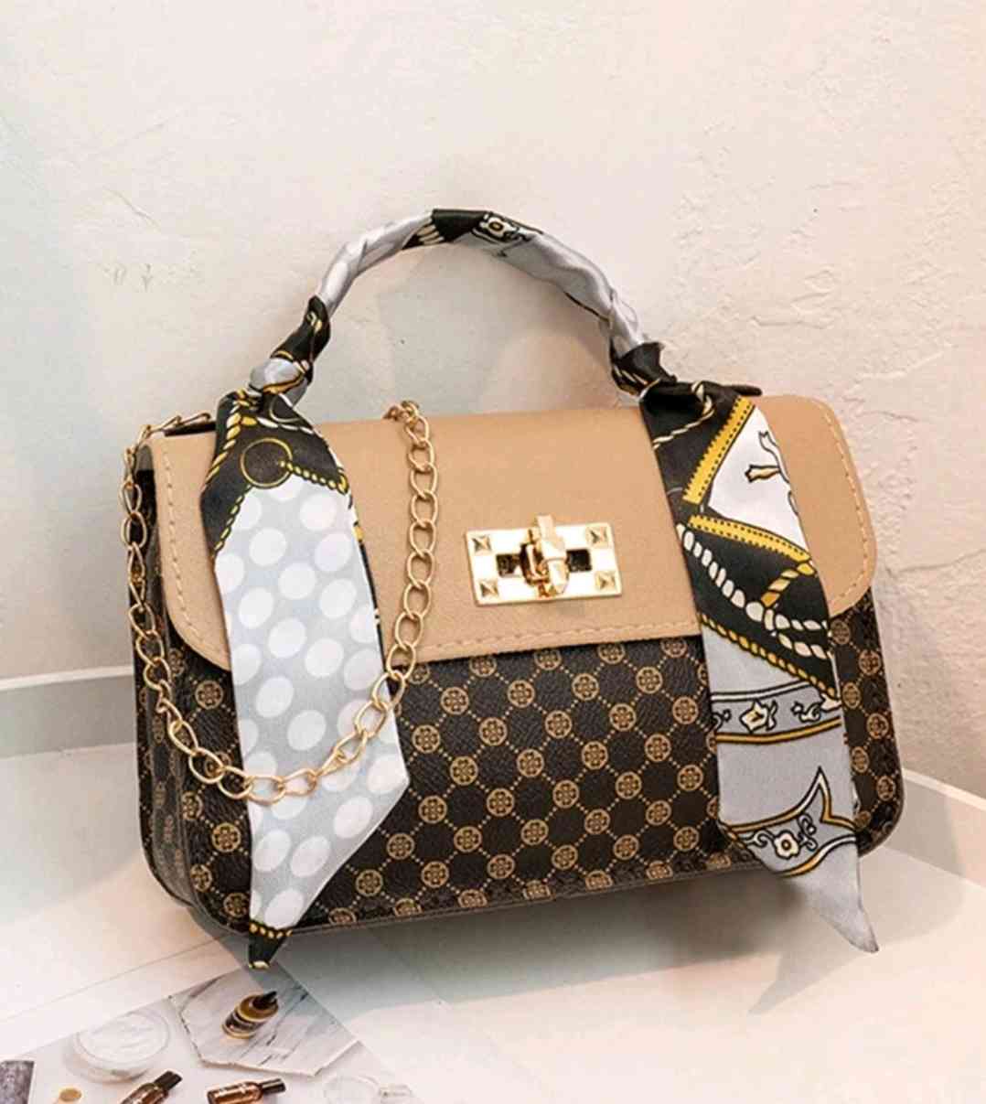 New fashionable polka dot shoulder bag for summer, crossbody bag, hamdbag with removable chain and scarf