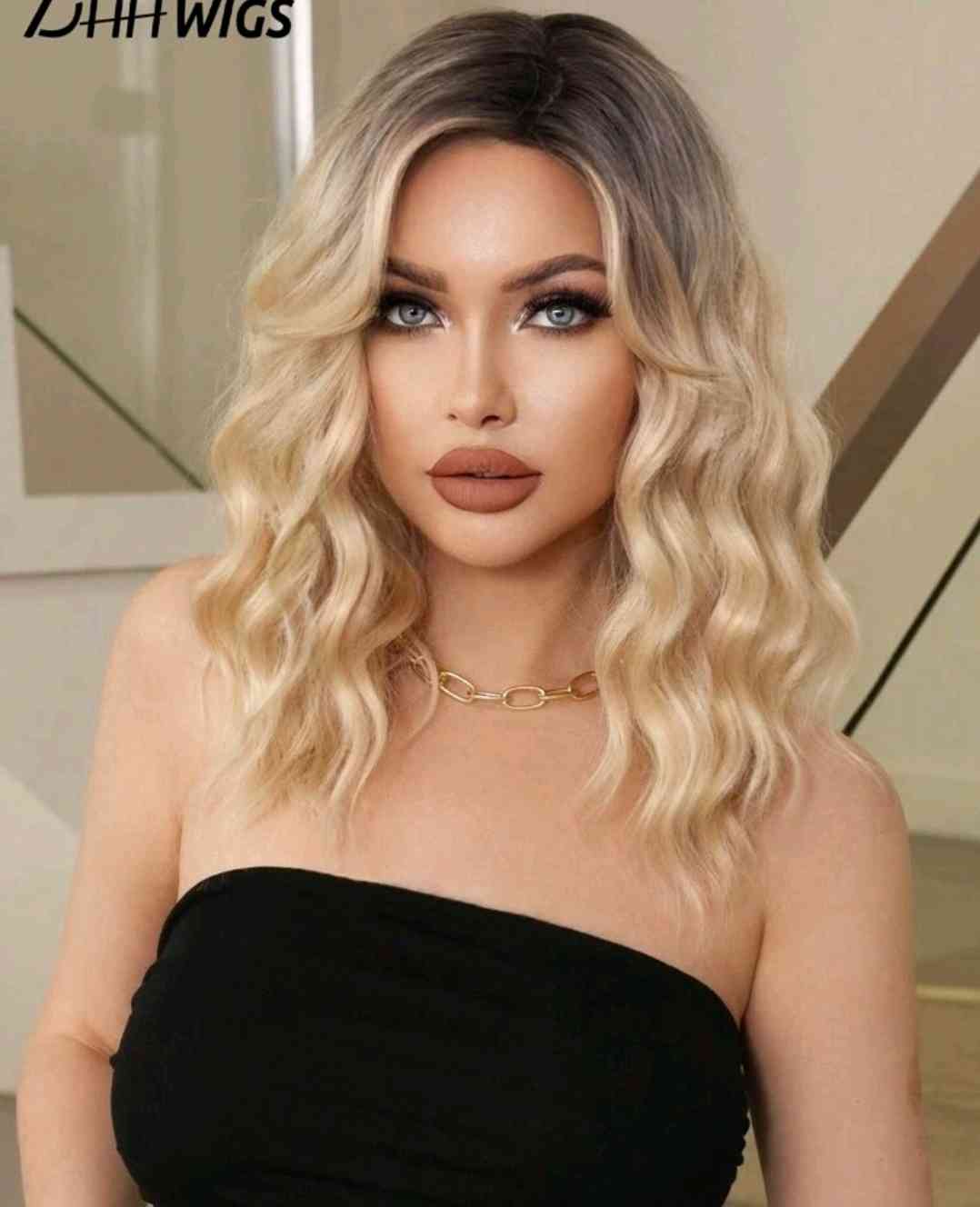 7 JHH WIGS Colour gradient blonde curly wig with side fringe, medium-length Wig for women