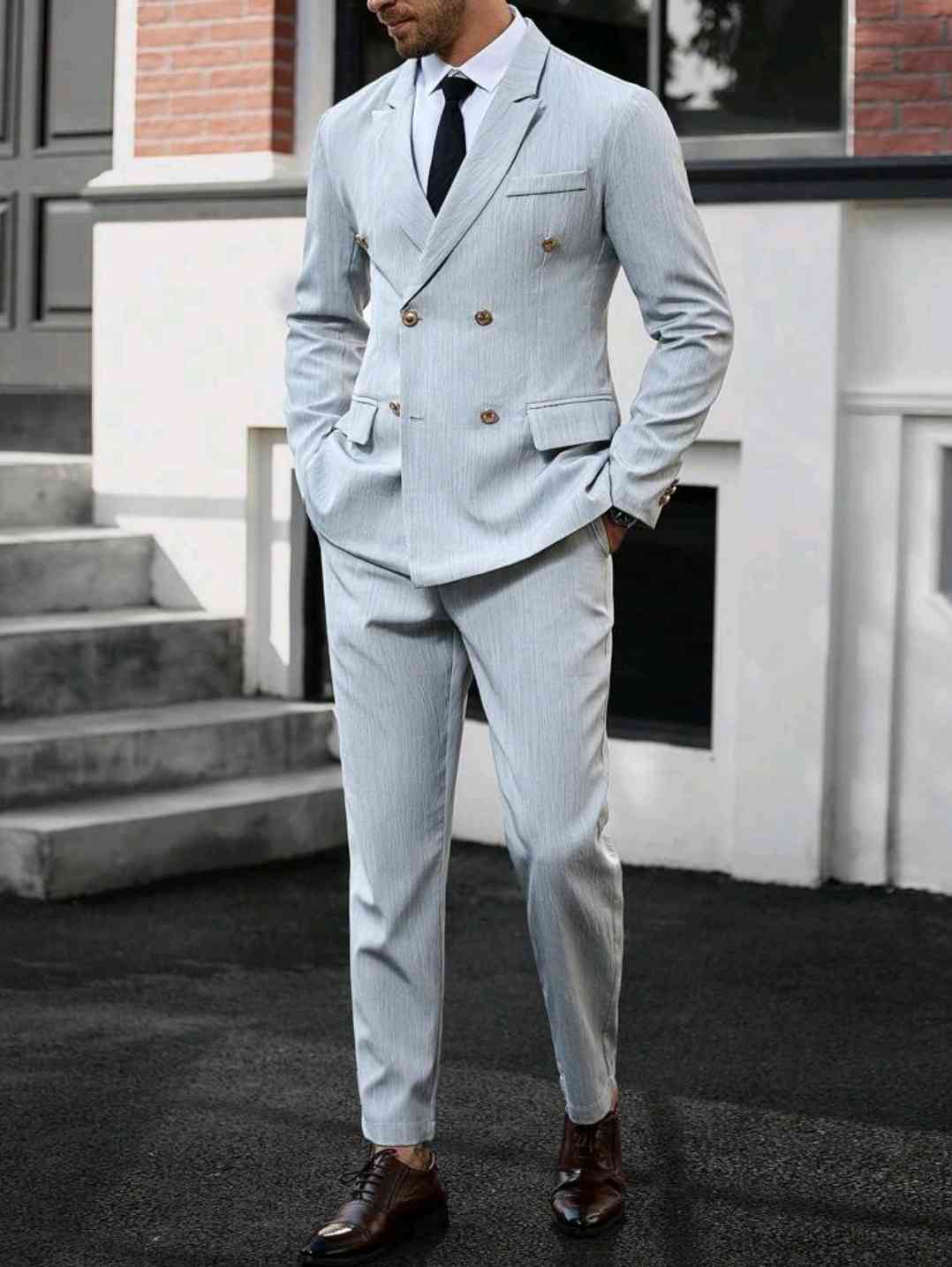 Manfinity Fashion 2-Piece Men's Business Suit Set-Blazer with lace collar flap and double -breasted closure, plus suit trousers