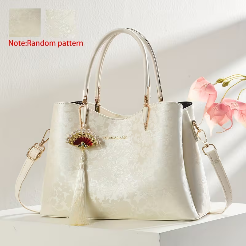 FKTSR Sac à Main Élégant à Motif Floral avec Pompon - Sac Convertible en Pochette, Fermeture Magnétique, Vert Olive//Noir - Sac en Cuir Synthétique pour le Travail, Mariage, Fête - Cadeau Idéal pour Femme, Accessoire de Mariage, Motif Matelassé, Détails Stylés, Bandoulière Détachable, Sac de Travail