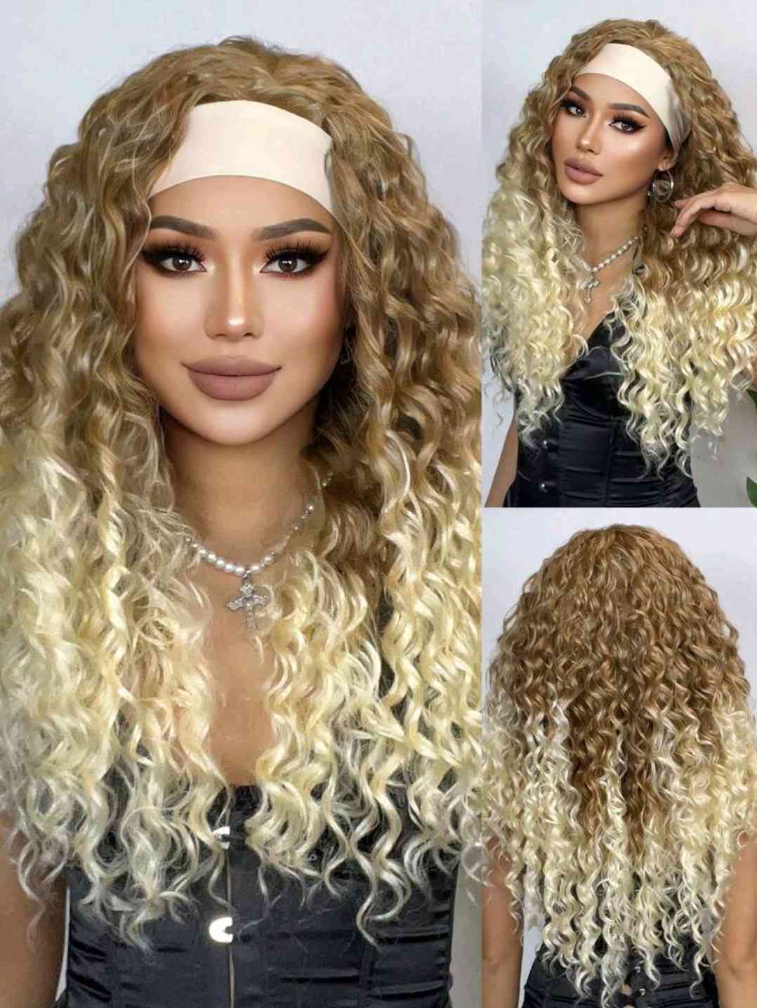 26-inch wavy hairband women's Wig, wavy black hair Wig with hairband made of synthetic woven chemical fibres for everyday use