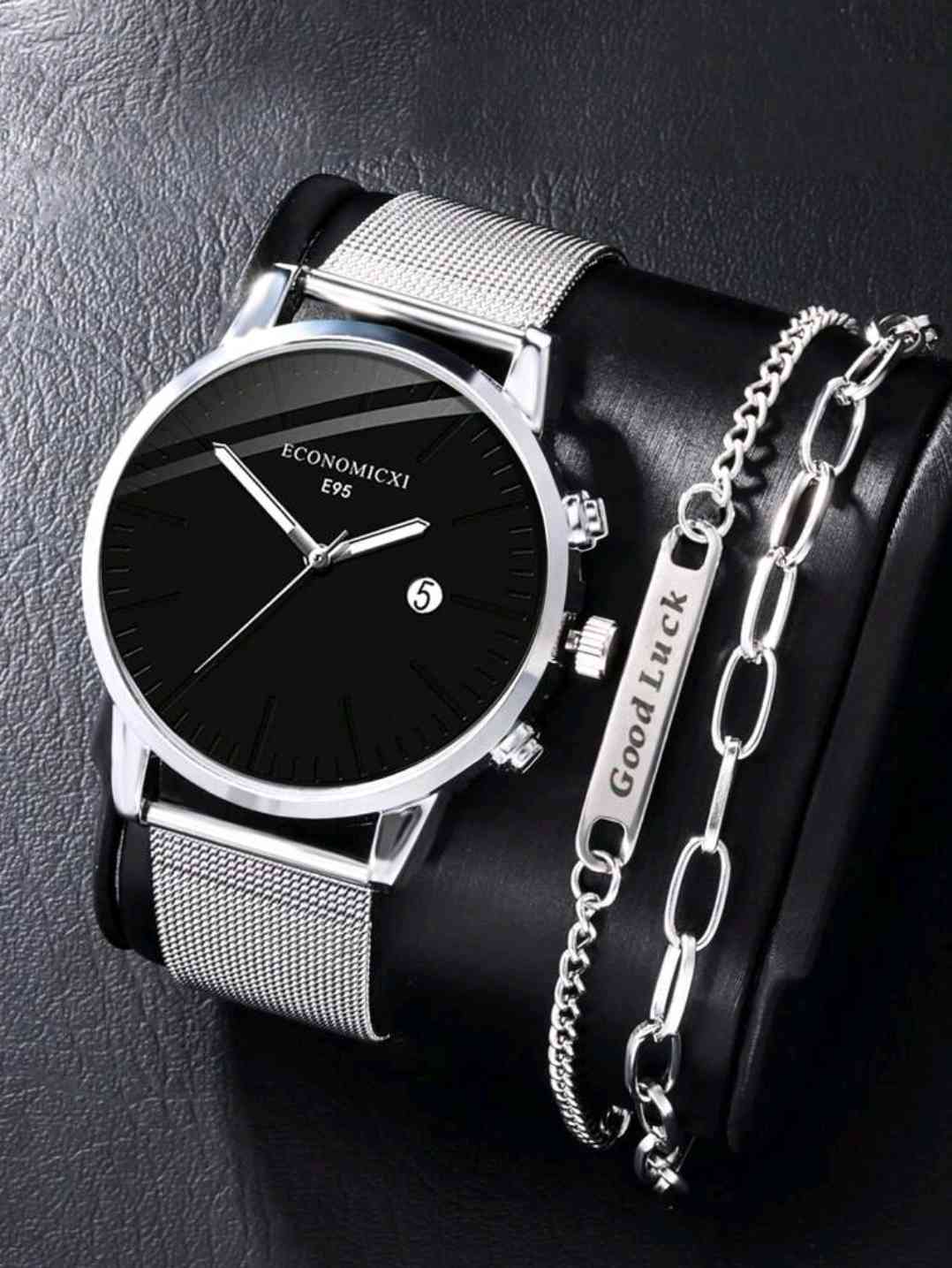 ECONOMICXI 2-piece simple disc pointer men's wristwatch set