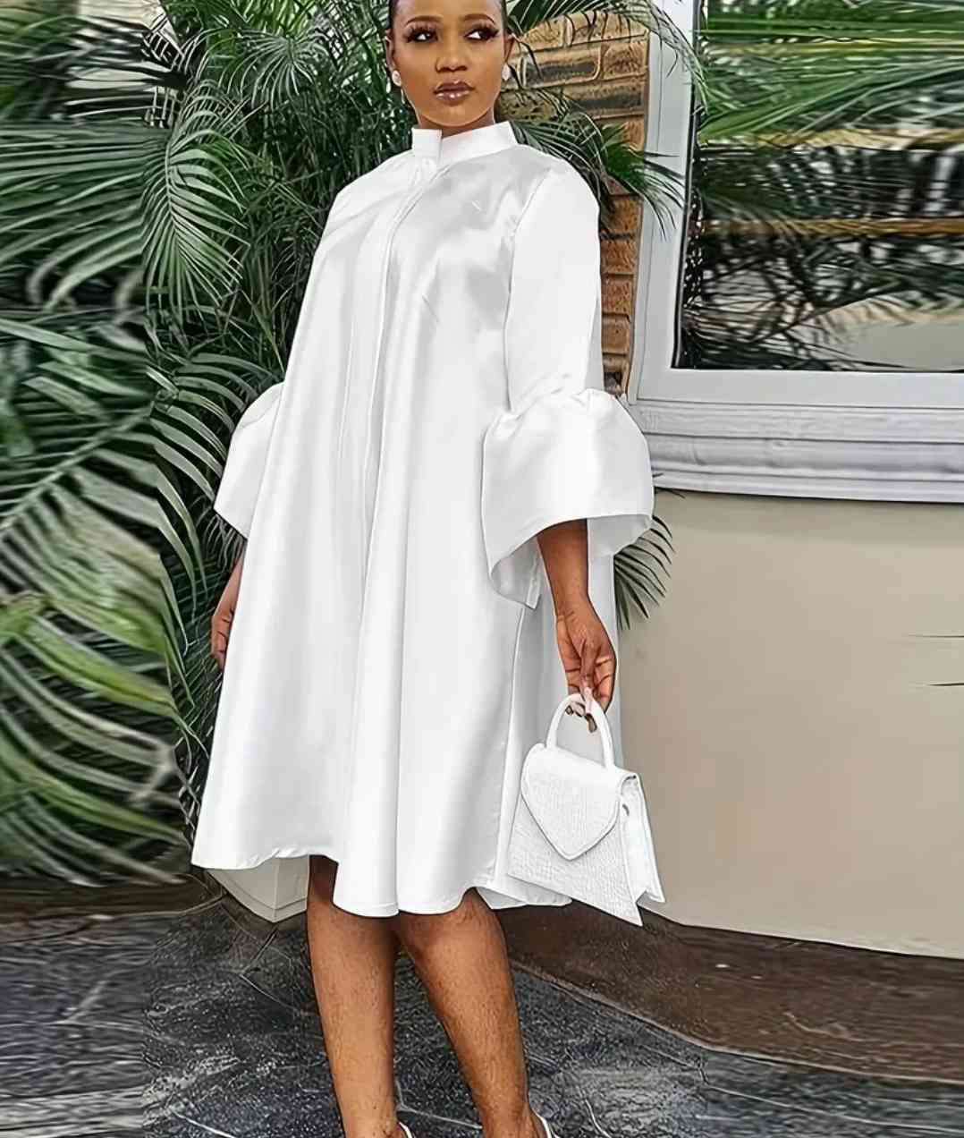 Flared, Single-Colour Dress with 3/4 Sleeves, Casual Loose Midi Dress with Stand-Up Collar