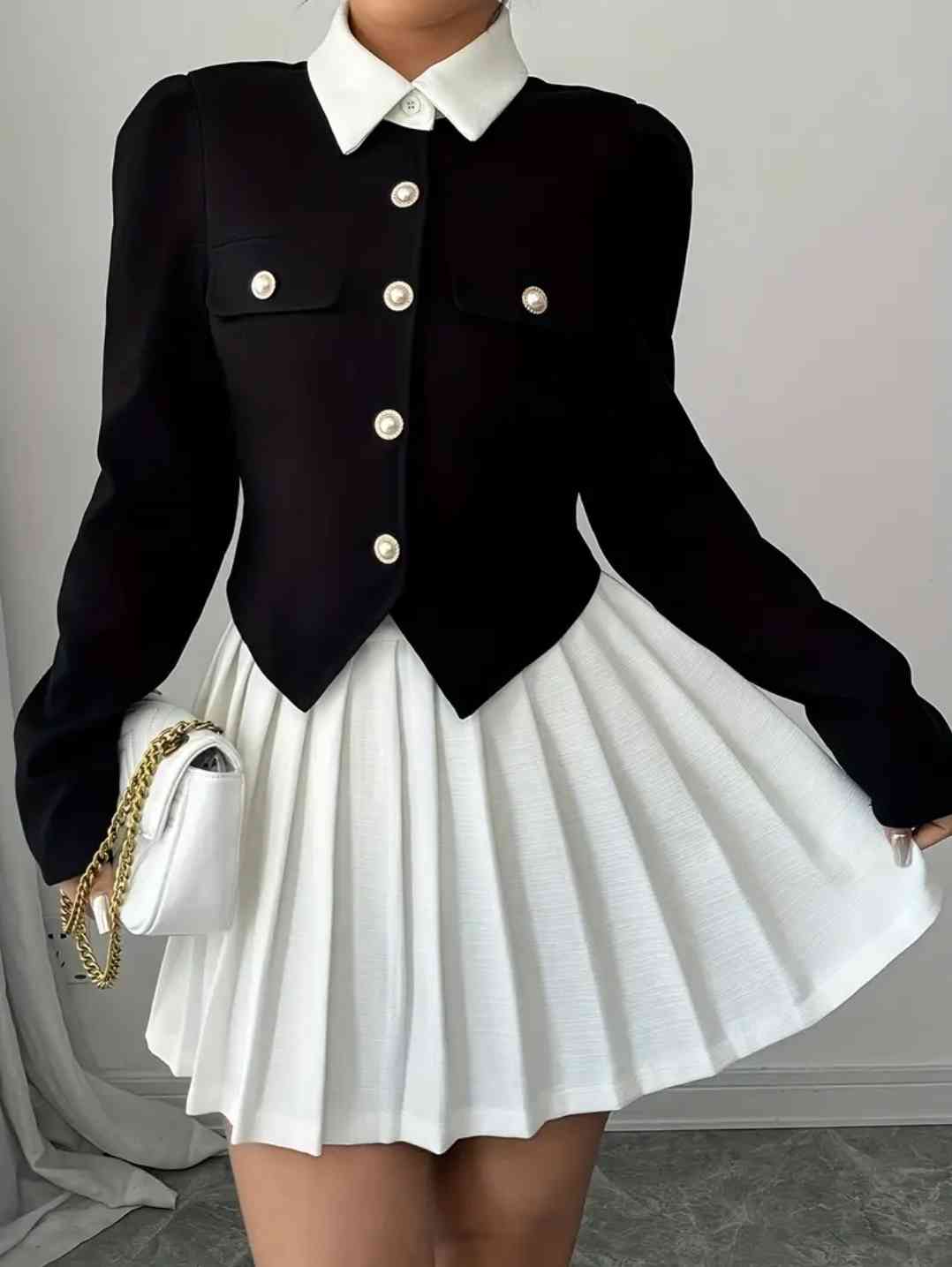 Women's set with elegant black and white contrast jacket and pleated skirt for campus, dates, commuting, fashionable and versatile JK