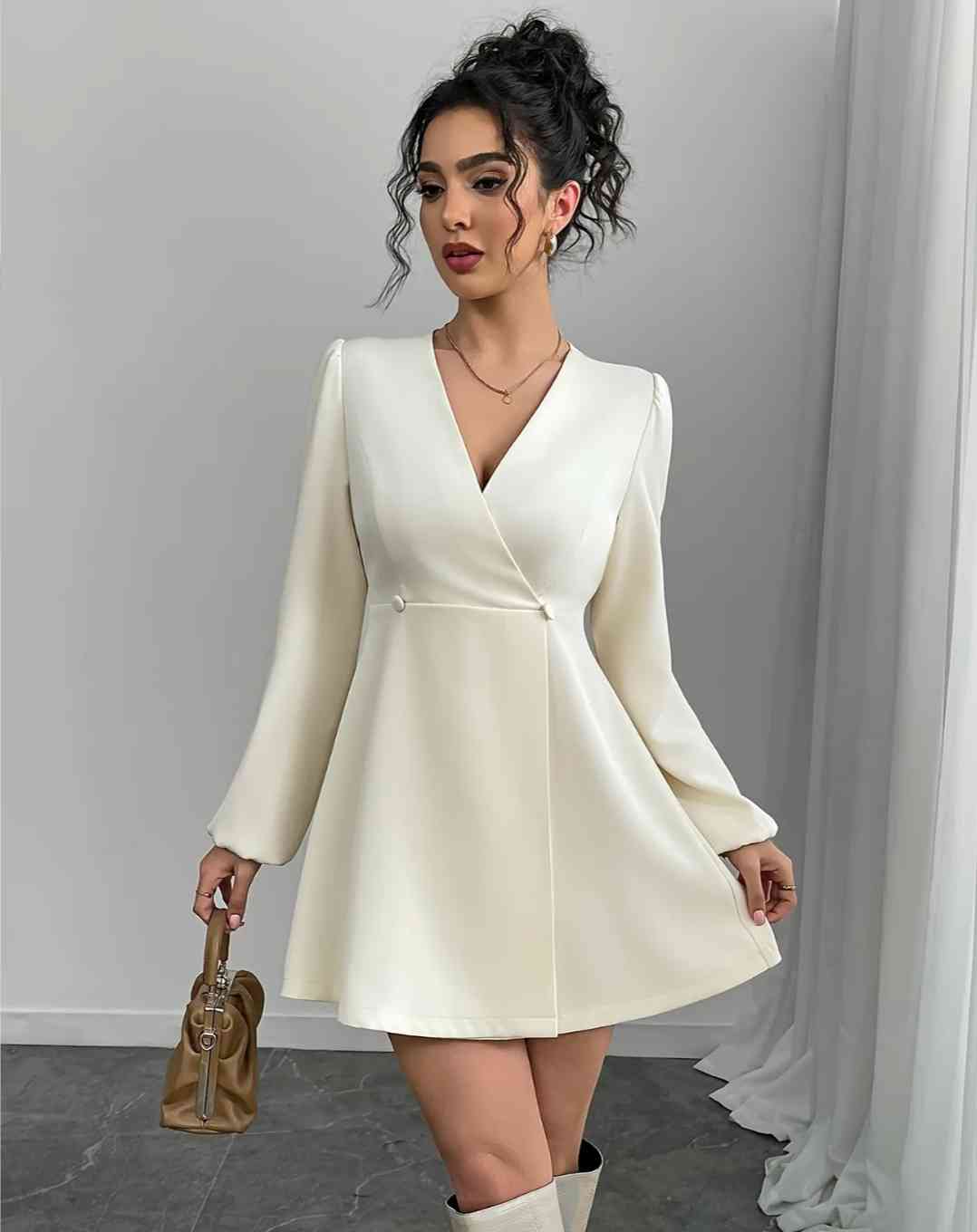 Women's Solid Colour Regular V-Neck Double-Breasted Wrap Long-Sleeved Shirt Dress