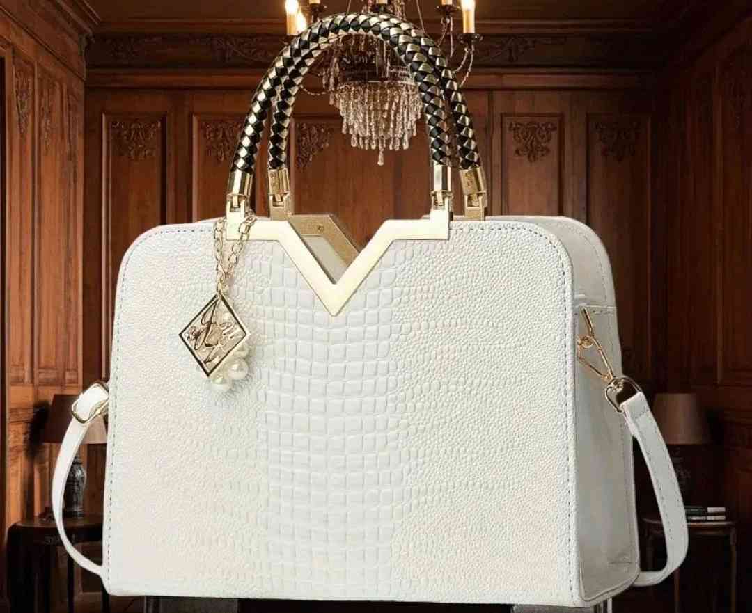 White Women's Handbag with Crocodile print and gold accents