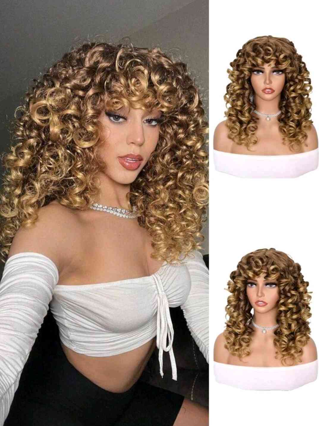 Wavy Wigs for Women Black with Bangs, Large Loose Sweet Curly Hair Synthetic Wig for Everyday Use, Parties