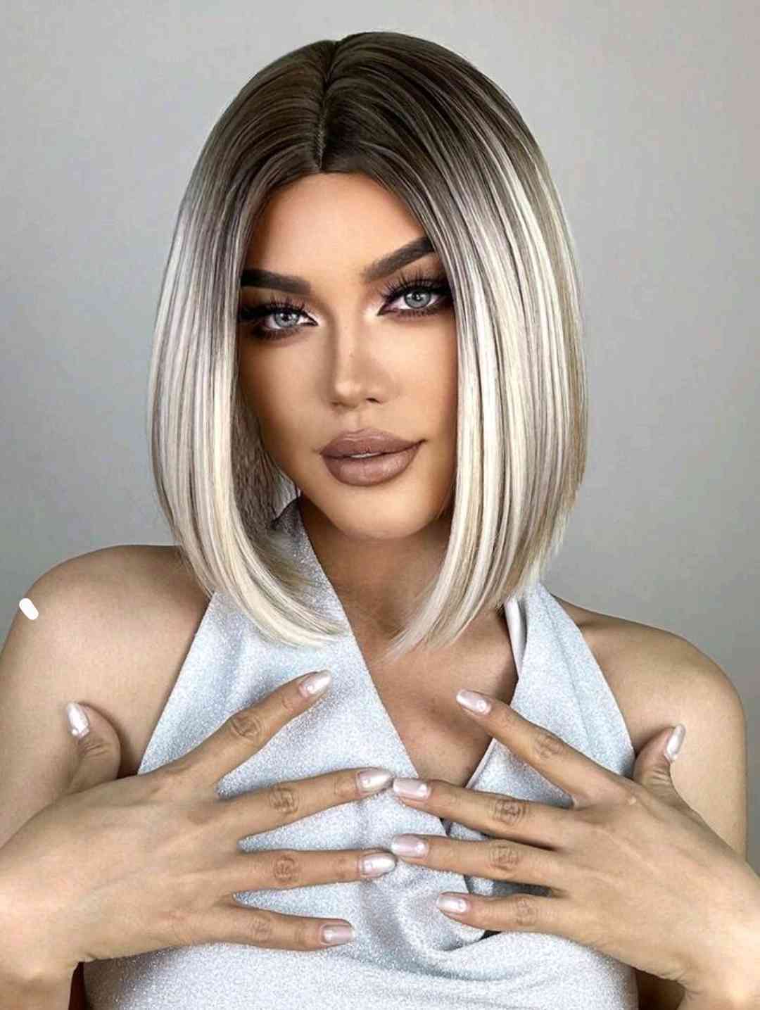 HAIRCUBE 14-inch light blonde dark roots and white, black colourful centre parting short straight hair beautiful everyday Wig for women, synthetic Wig cosplay white colourful synthetic hair Wig