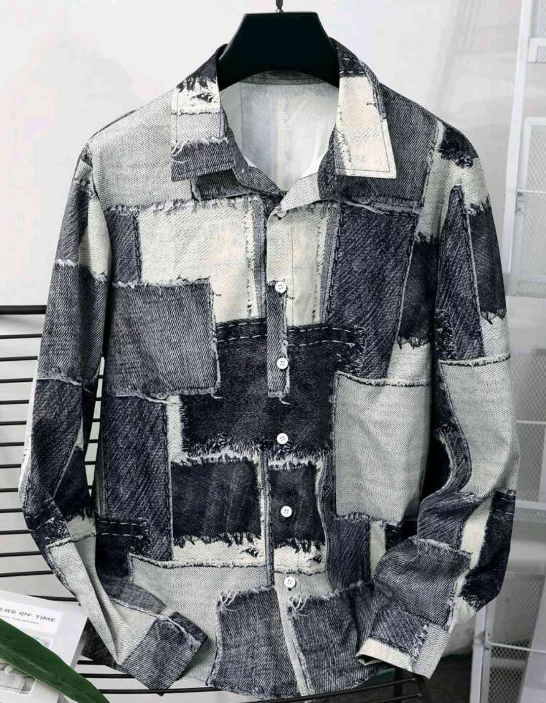 Men's long-sleeved shirt with digital print jeans design