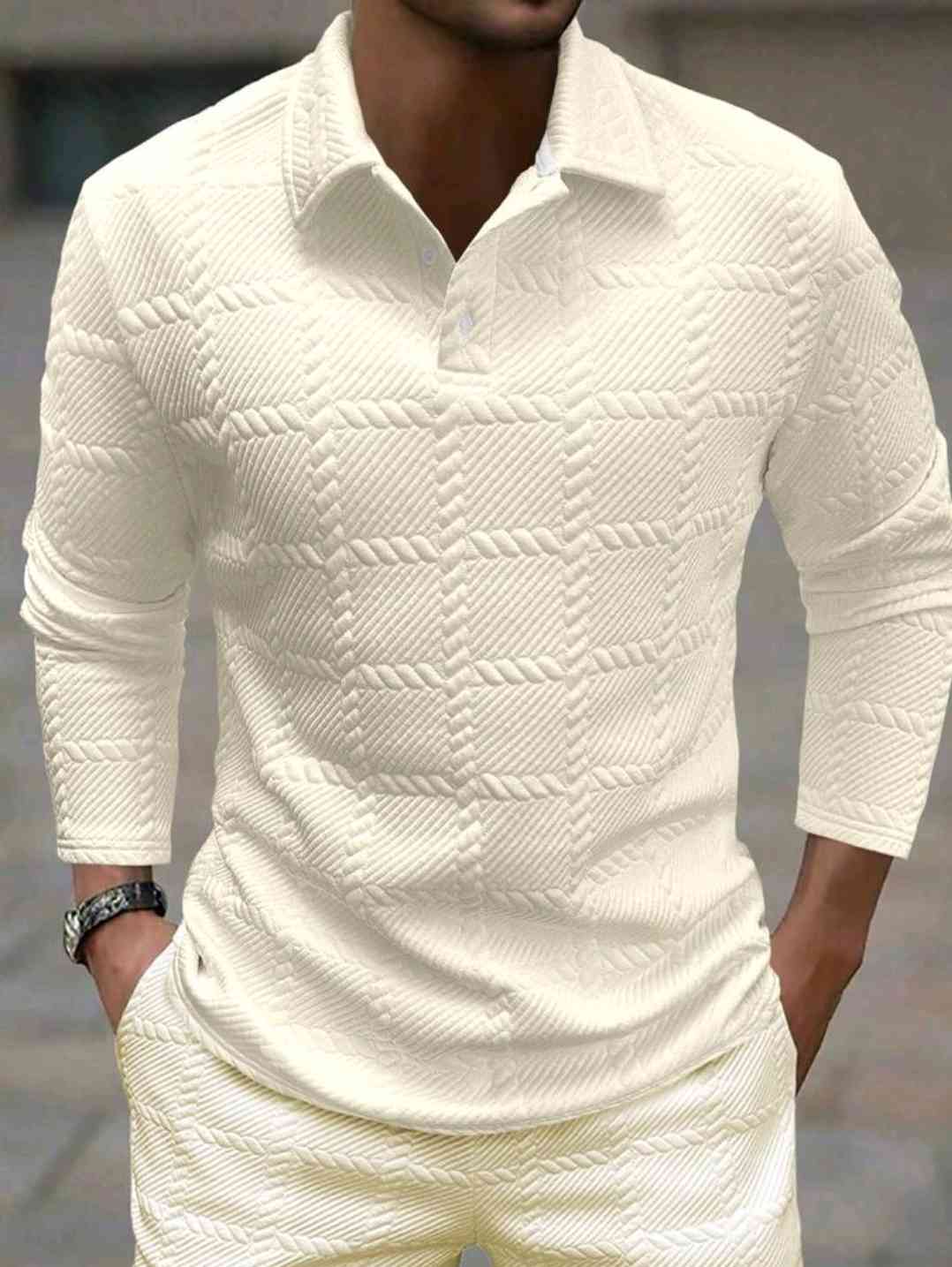 Manfinity Homme men's polo shirt with button placket and jacquard fabric, long sleeves, for spring and autumn, white men's polo shirt